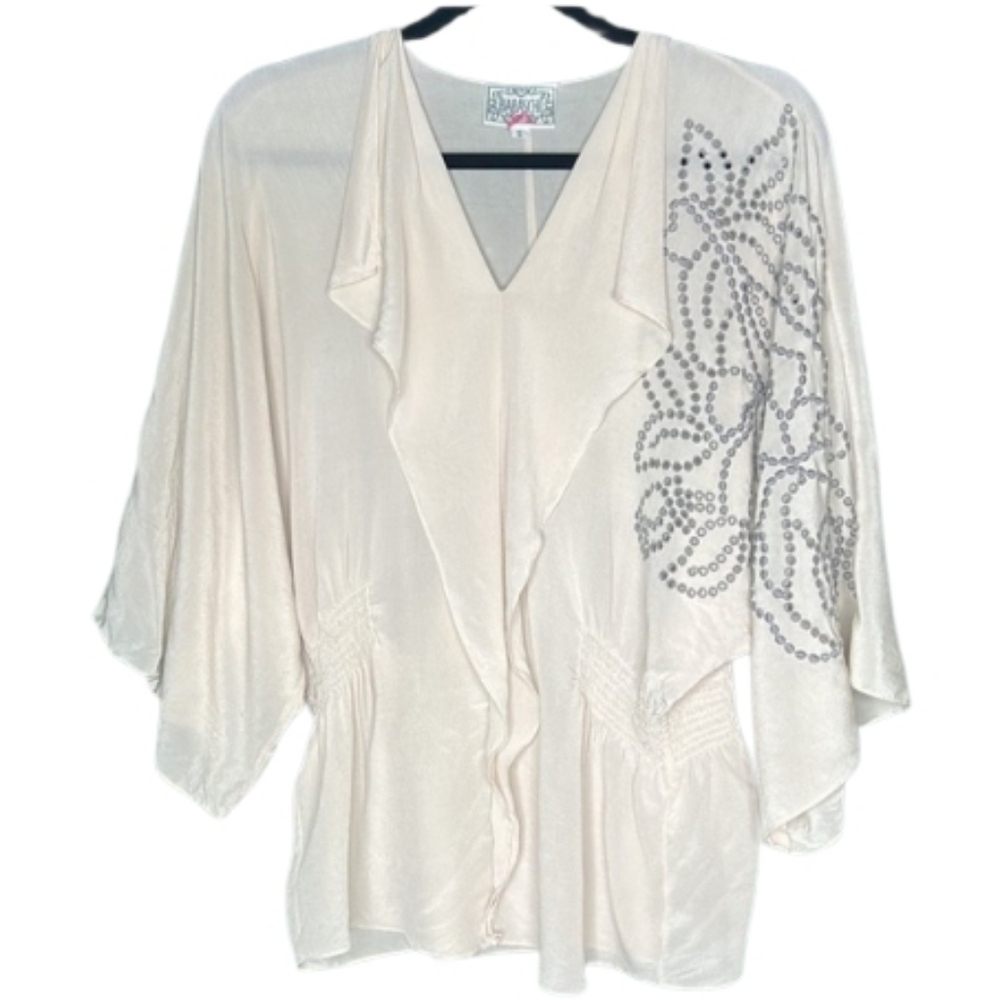 BARASCHI Silk Cream/Gray Dolman Sleeve Embroidered Eyelet Top XS Quiet Luxury